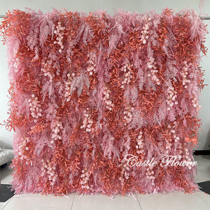 L-R275 Rideau enroulable mural floral 3D <span class=keywords><strong>de</strong></span> haute qualité, rose, avec plumes et fleurs 3D, en soie, pour mariage et fête, motif herbe inspiré - Product Image 1