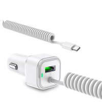 Chargeur de voiture USB 48W PD30W QC3.0 avec adaptateur de charge rapide et câble USB-C spiralé intégré de 7 pieds pour véhicules 12V-24V