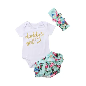 新的孩子衣服新生婴儿短袖棉字母印花连身衣可爱女孩印花短皱纹裙头带套装