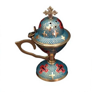 Quemador de Incienso Religioso de Latón Hecho a Mano con Cruz en la Parte Superior, Esmalte Azul y Rojo, Porta Bakhoor, Accesorios de Mesa, Último Diseño - Product Image 1