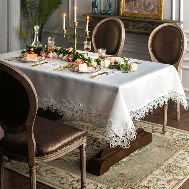 Pano de mesa de arte redondo, tapete de cadeira de mesa estilo europeu branco bordado com renda quadrado redondo