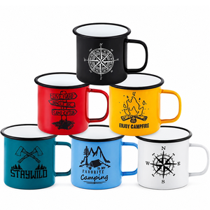 Tazza da campeggio robusta <span class=keywords><strong>in</strong></span> smalto con bordo <span class=keywords><strong>in</strong></span> <span class=keywords><strong>acciaio</strong></span> inossidabile, resistente alle alte temperature, con decalcomania personalizzabile, leggera, per <span class=keywords><strong>caffè</strong></span> - Product Image 1