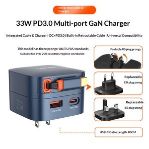 Chargeur rapide Q9 33W PD avec câble Type-C rétractable intégré, chargeur de voyage, adaptateur de charge universel pour téléphone portable, vente en gros - Product Image 2
