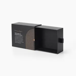 Custom Logo Luxury Sliding Cover Rigid Black Box Cosmetics Packaging Gift Small Paper Drawer Box Ribbon For Jewelry