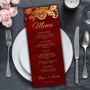 Carte de menu de mariage en velours rouge chic, modèle de menu de mariage en velours, menu de mariage élégant en velours doré - Product Image 1
