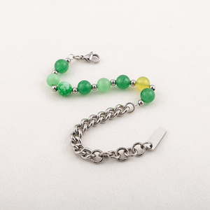 yunnique Men's Titanium Steel Cuban Chain Green Imitation Jade <b>Beaded</b> <b>Bracelet</b> Ball Shape Geometric Design XYB0092 - Product Image 4