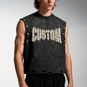 Camiseta sin mangas de verano personalizada 100% algodón, con efecto rasgado, bordado y pedrería, estilo vintage, lavado ácido y remaches - Product Image 4