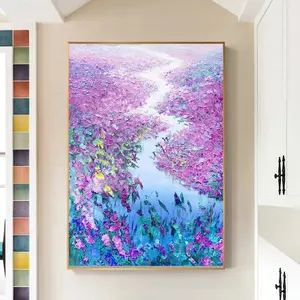 100% Handgeschilderde Abstracte Meer Paarse Bloem Zee Decoratieve Bloem Olieverfschilderij Canvas Kunst Voor Decor
