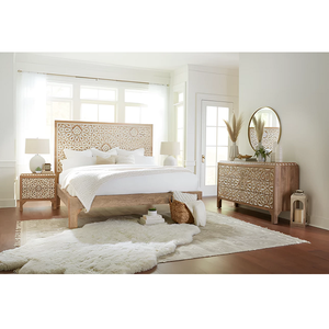 Lit en bois de manguier géométrique sculpté, taille Queen, avec cadre en bois massif robuste, design élégant, parfait pour les chambres modernes - Product Image 1