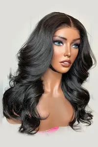 Wig rambut manusia selaras kutikula perawan mentah, wig Frontal HD renda simpul kecil gelombang tubuh dengan kepadatan 250% untuk wanita warna hitam