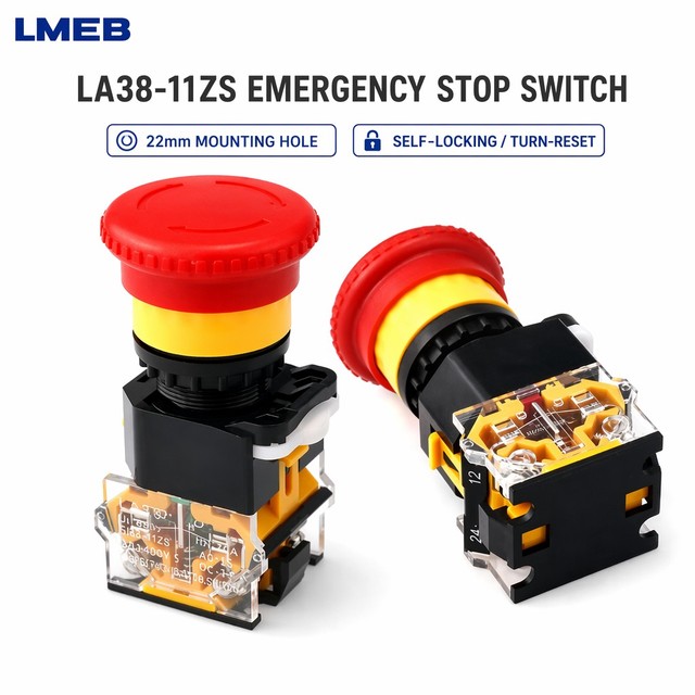 LA38-11ZS Micro Motion Self-Locking Metal Elevator Safety Push Button Switch IP53 Emergency Stop Control 10A LED 1NO 2NO Switch