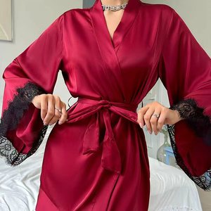 Nouvelle Robe de Chambre en Satin de Haute Qualité, Couleur Unie, avec Dentelle, Vente en Gros pour Femme - Product Image 1