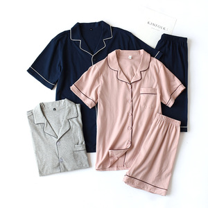 SUHE PJ-046 2-Piece Soft 100% Cotton Couple Pajamas Short Sleeve Knitted Loungewear Set for Home Wear Men Women Plus Size - Product Image 1
