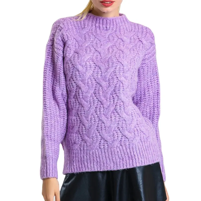Custom Winter Knitted Lavender Purple Fashion Boho 100% Cotton Natural Organic Women's Sweater Plus Size Women's Clothing