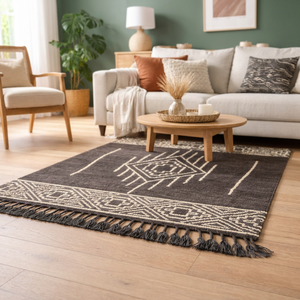 Bohemian Geometric Area <b>Rug</b> Rectangle Dark Gray Cream Fringe Flat Weave Living Room <b>Rug</b> Non Slip Latex Backing - Product Image 5