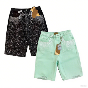 Ropa de calle de verano personalizada con estampado de diamantes de imitación, pantalones vaqueros desgastados, pantalones cortos de mezclilla <span class=keywords><strong>Cargo</strong></span> para hombres - Product Image 1