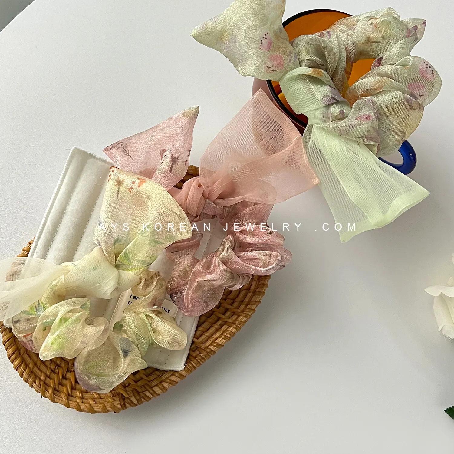 프랑스 로맨틱 꽃 패턴 인쇄 organza 탄성 밴드 organza 얇은 명주 그물 멋진 고품질 헤어 스크런치