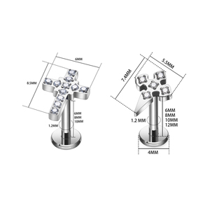 F136 titanio <span class=keywords><strong>Piercing</strong></span> oreja Studs Labret <span class=keywords><strong>labio</strong></span> 16G forma de cruz Pierc circón incrustaciones pendientes cristianos espalda plana joyería religiosa - Product Image 2