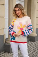 Nouvelle Collection Automne 2026 – Sweat-shirt Tricoté Chaud et Tendance à Col Rond, Rayures Colorées et Patchwork pour Femme – Motif Floral