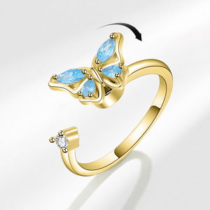 Bague Papillon Tendance pour Couple, Zircon Bleu, Vente en Gros, Cuivre Plaqué Or, Fidget Spinner Anti-Stress, Bijou Cadeau pour Femme - Product Image 2