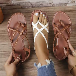 Sandalias Planas Casuales para Mujer, Diseño Calado, Tejidas, para Playa, Suela Plana, Tacón Bajo, Cómodas, Antideslizantes - Product Image 6