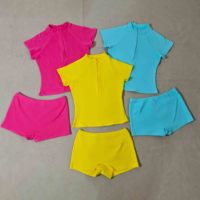 Set Kaos Setengah Resleting dan Celana Pendek Santai untuk Wanita, Bahan Katun Spandex, Kasual, Bernapas, Pas Badan, 2 Potong, Streetwear, Logo Custom