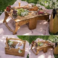 Table à vin pliable en bois massif naturel, panier de pique-nique portable 2 en 1, plateau de service pour collations et fromages pour la plage et l'extérieur