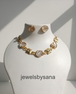 Elegant Handmade Gold Plated Brass MOP Tumble and Kundan Jewelry <b>Set</b> for Women, Designer Mother of <b>Pearl</b> Necklace and Earrings - Product Image 2
