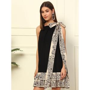 Solid Woven Floral Print <b>Rayon</b> with Cotton Flex Tiered Women's Halter Neck Loose Fit Knee-Length <b>Dress</b> with Pockets - Product Image 4