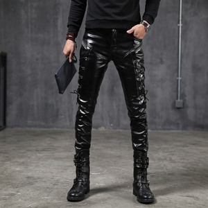 <span class=keywords><strong>Pantaloni</strong></span> in <span class=keywords><strong>Pelle</strong></span> Nera da Uomo Stile Gotico <span class=keywords><strong>con</strong></span> Rivestimento in PU, <span class=keywords><strong>Elastico</strong></span> in Vita, Decorazioni in Pizzo, Modello Invernale - Product Image 3