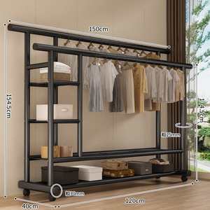 Porte-vêtements multifonctionnel en métal à double tringle, étagères de rangement épaisses, séchoir vertical sur pied pour balcon - Product Image 4