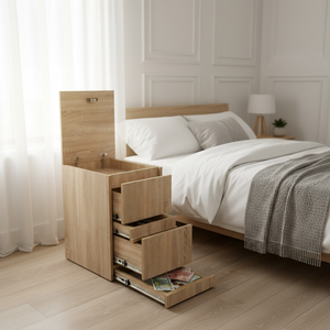 Table de chevet exclusive à quatre tiroirs avec coffre-fort RFID et compartiment latéral secret, armoire moderne au design d'auteur pour chambre à coucher - Product Image 1