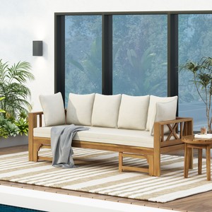 Canapé convertible 3 places extensible en bois d'acacia pour extérieur, avec coussins beiges, finition teck moderne, chaise longue de jardin - Product Image 2