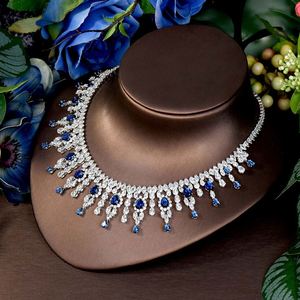 Luxe bleu foncé femmes robe de soirée de mariage bijoux grand balancent goutte mariée CZ collier boucles d'oreilles ensembles de bijoux S-420 - Product Image 5