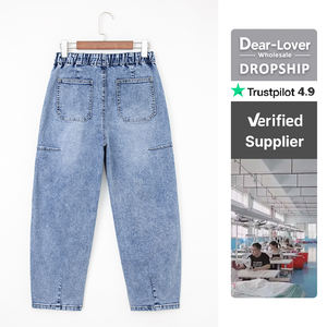 Dear-Lover Wholesale Myosotis Large Patch Pocket Drawstring <strong>Paperbag</strong> Waist Barrel <strong>Jeans</strong> <strong>Women</strong> - Product Image 3