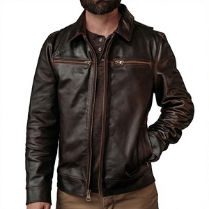 Chaqueta Bomber de Cuero Genuino para Hombre, Cuello Camisero, Cierre de Cremallera, Color Sólido, Corte Regular, Estilo Motero, Invierno - Product Image 1