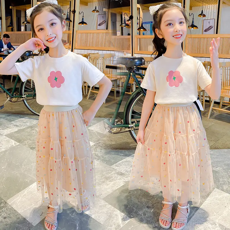 Abbigliamento per bambini vestito da ragazza estate stile coreano bambini medi e grandi gonna di Tulle camicia a maniche lunghe set di due pezzi