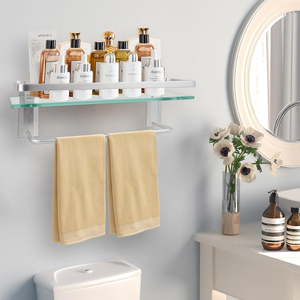 Étagère de douche murale moderne en aluminium et verre avec barre porte-serviettes, étagère de bain en verre, étagère de salle de bain en verre - Product Image 4