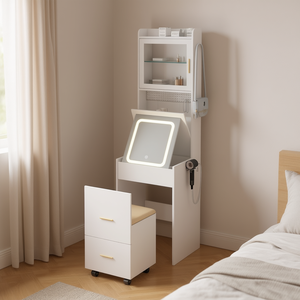 Juego de tocador compacto para esquina con luces LED, mesa de maquillaje blanca, estantes de almacenamiento y taburete oculto para espacios pequeños - Product Image 2