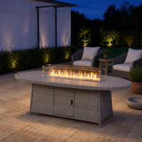 Table de foyer extérieure sur mesure en aluminium ovale avec cadre en rotin, sans fumée, au propane, pour cour, villa, hôtel, terrasse