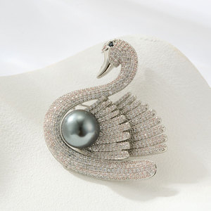 Grey Pearl Swan Brooch Copper Alloy Micro Inlay Zirconium Women's Gift Fashion Jewelry - Product Image 1