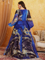 Robe de soirée modeste en mousseline de soie à imprimé floral aquarelle bleu taille plus, col en V, manches fendues, taille froncée pour femmes