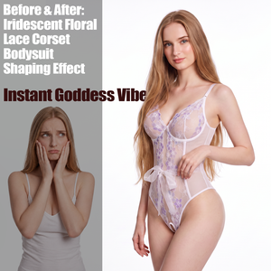 Body de lingerie féminin blanc en dentelle florale, style Teddy, en maille transparente, avec bonnets à armatures, décolleté en V profond, fines bretelles, coupe haute et entrejambe ouvert - Product Image 4