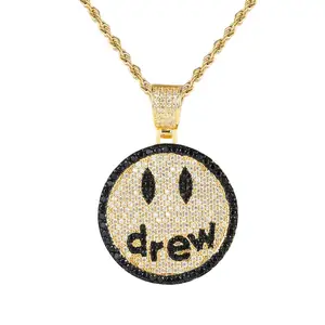 SC Luxury 3A Zircon Round Plate Pendant Necklace Hip Hop Thick Twisted Chain Iced Out CZ Diamond Drew Smiley Face Men Necklace