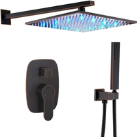 Ensemble de salle de bain d'hôtel moderne mural en laiton de luxe noir avec robinets thermostatiques carrés à LED et système de douche pluie à jet