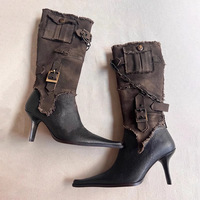 Bottes hautes en cuir PU personnalisées pour femmes 2024, bout pointu, talon haut, boucles amovibles, bottes de cow-boy occidentales pour femmes