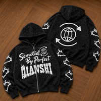 Hoodie Unisex Oversize 550 GSM Berat 100% Katun OEM Resleting Cetak Grafis Bintang Berhias Rhinestone Hip Hop Streetwear
