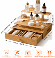 Organisateur de comptoir de salle de bain en bambou avec tiroir, étagère de rangement 3 niveaux en acrylique pour maquillage et soins de la peau, pour comptoir de vanité