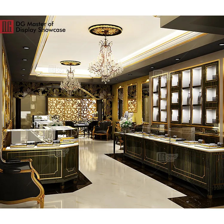 Customized Golden Stainless Steel Glass High End Display Cabinet Showcase Wooden Luxury Jewelry Showcase