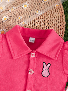Ensemble de vêtements d'été deux pièces pour bébés filles, style actif, design élégant et décontracté, manches bouffantes, broderie, motif lapin imprimé - Product Image 3